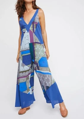 Mono Free People para mujer M todo parcheado azul pierna ancha cuello en V sin mangas Foto 1 de 4