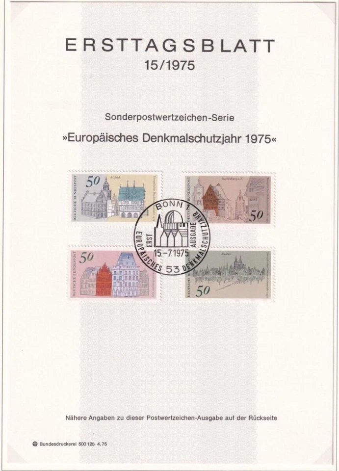 SA21d Germany 1975 Architectural Heritage Year Souvenir Leaf with stamps FDI - Image 1 of 1