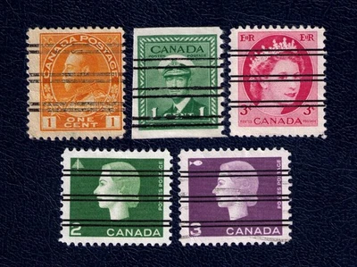 Precancel 1c 1922, 1c 1942, 3c 1954, 2c 1963, 3c 1963, used, Canada Foto 1 de 2