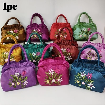 Women Ethnic Embroidered Satin Handbag Retro Jewelry Pouch Zipper Shopping Bag - Image 1 of 4