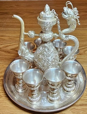PLATA ESTERLINA*JUEGO DE TÉ HERVIDOR DE NUEVE DRAGONES*DE COLECCIÓN*CUN FABIAO*TÍBET*CHINA*10 PIEZAS Foto 1 de 4