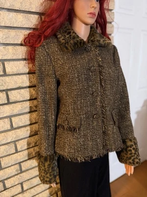 Метод искусственного меха животных печати коричневый золотой металлический твид бахрома блейзер куртка 8 - Изображение 1 из 4