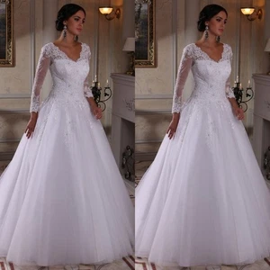 Classic Wedding Dresses A Line V Neck White Ivory Lace Summer Bridal Gowns - Picture 1 of 16