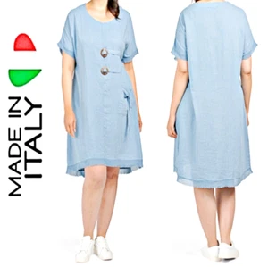 CRISTINA VERGANI Kleid Leinenmischung doppelte Schnalle rohe Kanten Borte hellblau L-XL - Bild 1 von 11