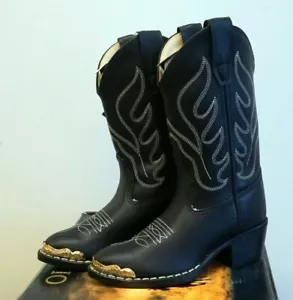 Old West Kids Black Synthetic Leather Cowboy Boots with White Stitching  - Picture 1 of 22