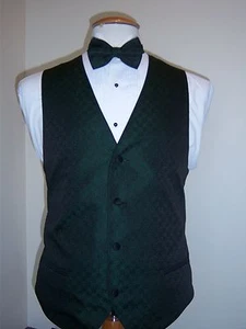 Hunter Green Formal Vest and Tie set - Tone on Tone Four Button Full Back Vest - Picture 1 of 2