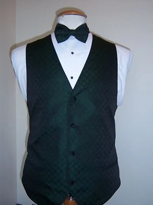 Hunter Green Formal Vest and Tie set - Tone on Tone Four Button Full Back Vest  - Image 1 of 2