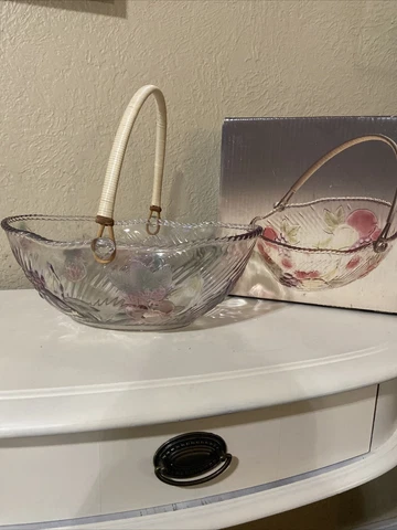 Vintage WP&G Glass Basket W/ Handle 11.5" x 8.5” Bountiful Color Fruit Design Cover