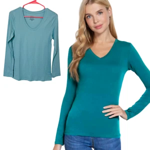 Active Basic Womens V-Neck Cotton Stretch Long Sleeve T-Shirt Plain Teal Large - Picture 1 of 7