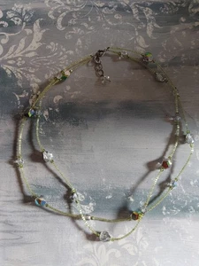 Vintage 2 strand bead necklace sterling silver lime green crystal metallic AB - Picture 1 of 4