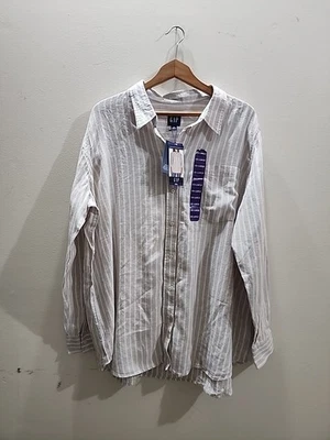 Новый с Ярлыками разрыв женщин льняной смеси рубашка на пуговицах бойфренд блузка размер 2XL бежевый полоски - Изображение 1 из 4