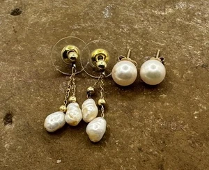 2 Ps Solid 14K Yellow Gold Cultured Pearl Studs Earrings 1.9 gr - Picture 1 of 4
