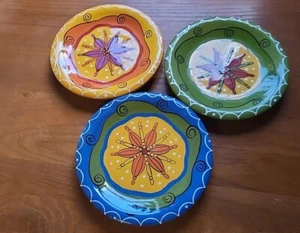 Pier 1 3er Set Eisenstein blau orange gelb Stern Blume Salat Dessert Teller - Bild 1 von 7