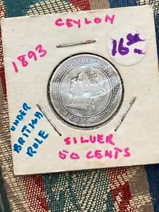 1893 Ceylon (Sri Lanka) Silver 50 Cents Coin - Picture 1 of 3