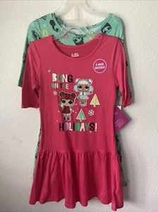LOL Surprise Holiday Girls Dress 2 Pack Pink Green Jersey Skater Size M 7/8 - Picture 1 of 4