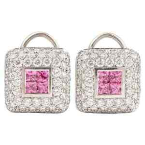Princess Cut Pink Sapphire & Round White CZ 3.30 CT Fabulous Omega Clip Earrings