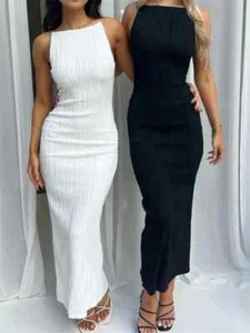 2025 Sexy Women Long Dress Ruched Sleeveless Slim Solid Summer Party Back Split - Picture 1 of 26