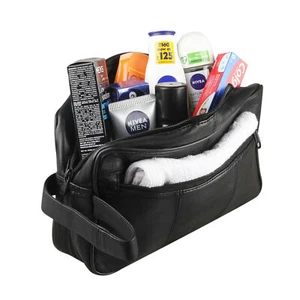 NEW MENS SOFT BLACK LEATHER TRAVEL WASH BAG TRAVEL KIT OVERNIGHT 3510 - Picture 1 of 6