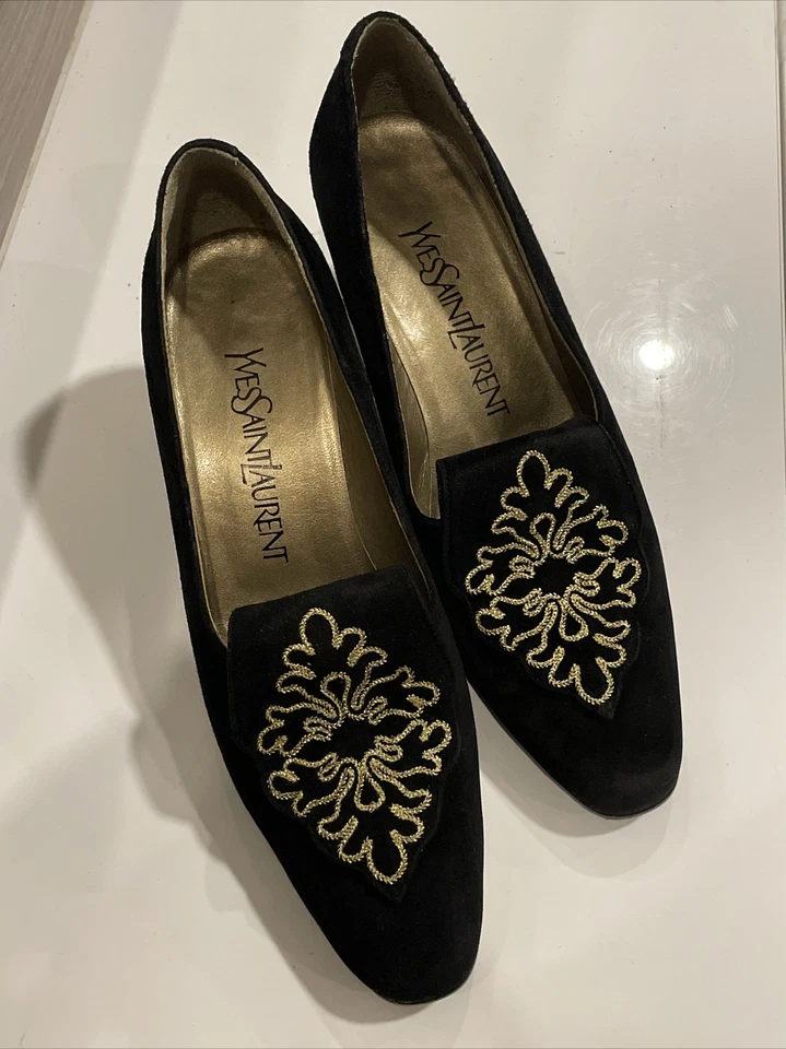 Zapatos de Gamuza YSL Yves Saint Laurent Talla 35,5 Negro Dorado Bordado De Colección Foto 1 de 4