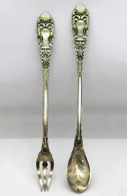 Dominick & Haff Renaissance Green Enamel 7" Long Handle Silver Olive Set (74g) - Image 1 of 4