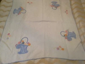 Vintage, Embroidered Flower Basket, Small Square Table Cloth  34in x 34in - Picture 1 of 6