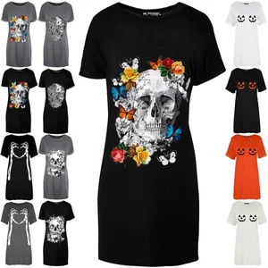 Womens Ladies Halloween Floral Skull Skeleton Pumpkin Oversized T-Shirt Dress - Picture 1 of 13