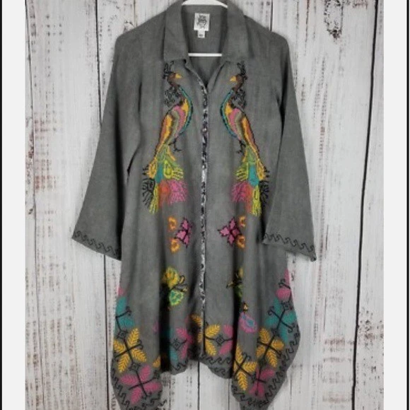 Túnica IVY JANE Bordada Punto de Cruz Botón Frontal Grande Gris Pavo Real Boho Foto 1 de 4