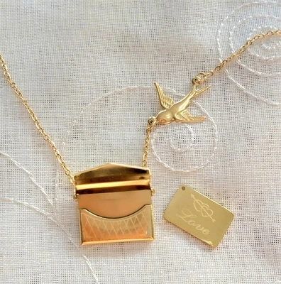 Викторианский торговый перевозчик голубь воробей любовь письмо подвеска ожерелье 18K GP 28N - Изображение 1 из 3