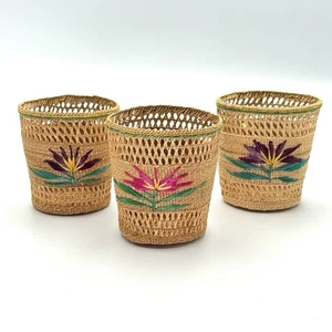 3 Vintage Handwoven Cup Sleeve Holders Baskets Flowers Candle Holder Boho Decor - Picture 1 of 5