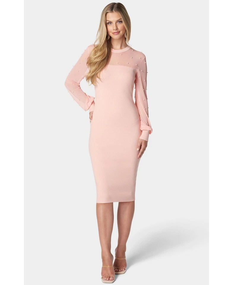 Vestido suéter tejido de malla perlada rubor Bebe L112925 para mujer talla S Foto 1 de 4