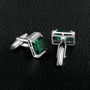 2.50Ct Emerald Cut Green Emerald Men's Halo Cufflinks 14K White Gold Finish