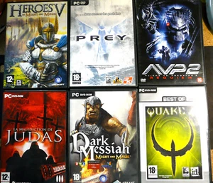 Lot 5 JEUX PC + 1 DVD Heroes V Prey Malediction Judas Dark Messiah Quake 4+ AVP2 - Imagen 1 de 2