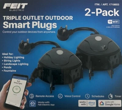 Feit Electric Triple Outlet Outdoor Smart Plugs, 2-Pack, WiFi, Controls Devices