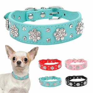 Pet Collars Leather Puppy Rhinestone Bling Dog Collar Necklace Cat Diamante PU - Picture 1 of 15