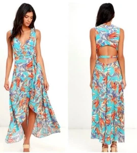 Lulu's Something to Believe In Turquoise Floral Print Wrap Hi-Low Dress ~ Size L - Picture 1 of 19