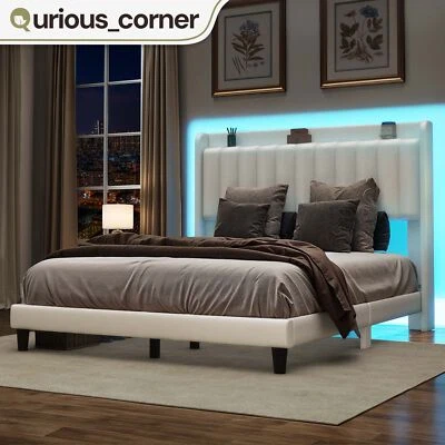 Marco de cama tamaño queen y completo con cabecero tapizado de altura ajustable y estante Foto 1 de 4