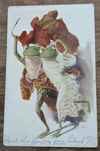 1910 ANTIQUE ANTHROPOMORPHIC FROG COUPLE NATIONAL ART CO. POSTCARD CARY MS SMEDE - Picture 1 of 3