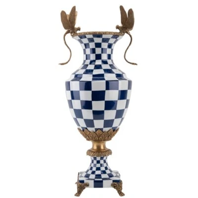 JARRÓN A CUADROS PORCELANA CON LIBÉLULA ORMOLU BRONCE AZUL Y BLANCO - 19"H Foto 1 de 4