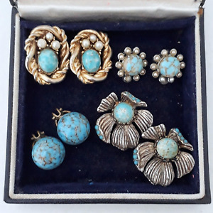 VINTAGE JOB LOT 4X SIGNED GLASS TURQUOISE CLIP-ON EARRINGS