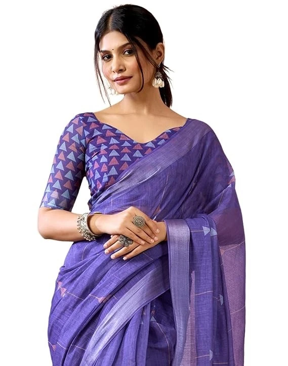 Sari para mujer estampado algodón lino un minuto listo para usar con pieza blusa Foto 1 de 1