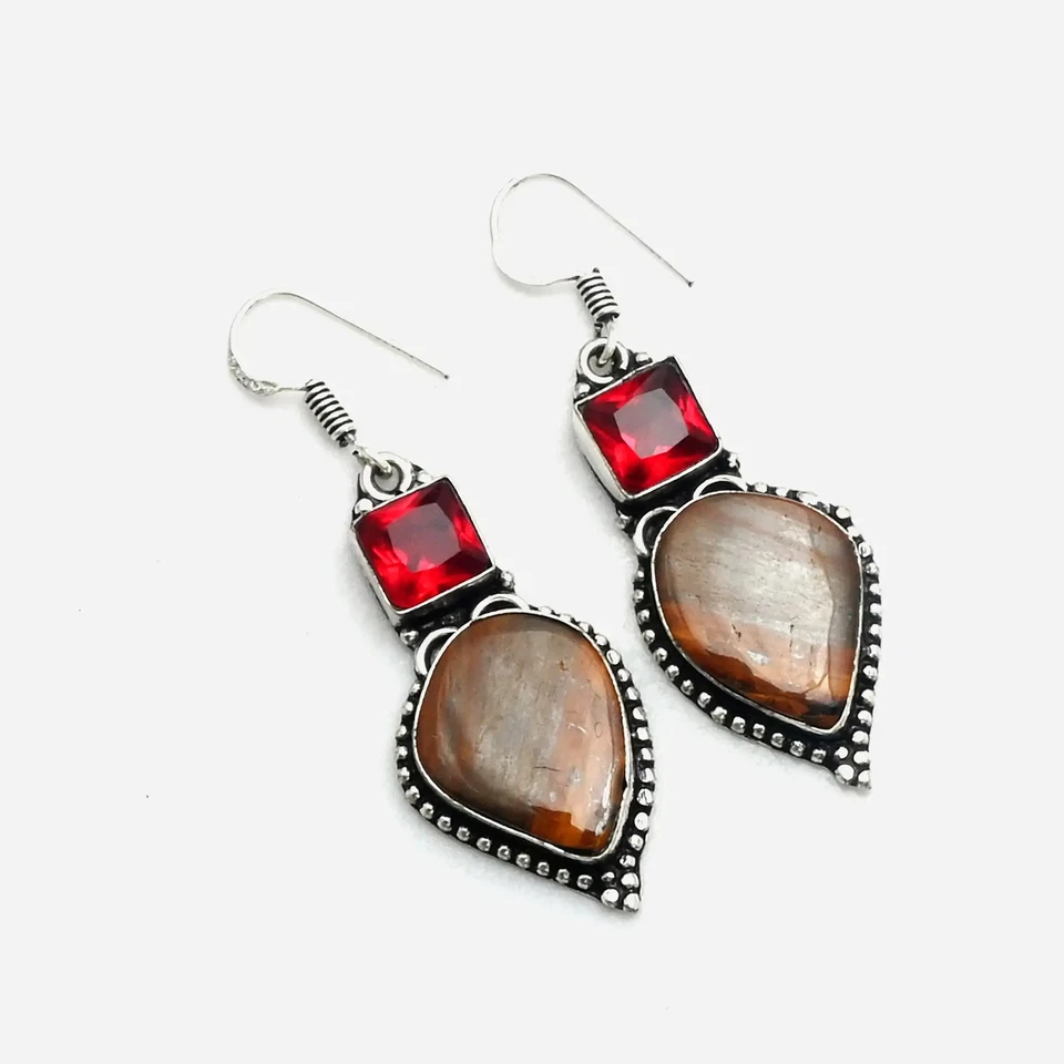 Pendientes colgantes de hierro ojo de tigre granate piedras preciosas hechos a mano joyería 2" AE-11033 Foto 1 de 1