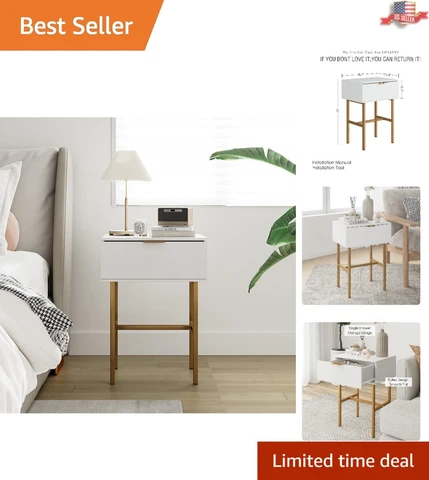 Compact Modern Gold Frame Nightstand - Small Bedside Table with Drawer - White Cover