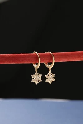 Snowflake Earrings, 14K Solid Gold Celestial Earrings, Hoops Snowflake Earrings - Image 1 of 4