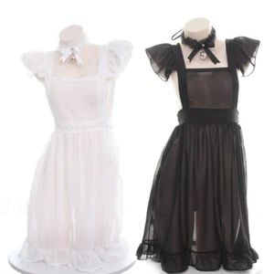 Damen Chiffon transparente Schürze Kleid Halsband Dienstmädchen Outfit Rüschen Lolita sexy Kostüm - Bild 1 von 10