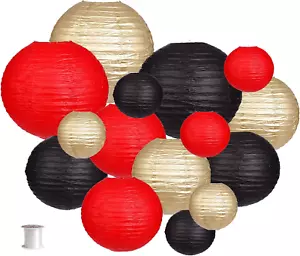 Round Hanging Paper Lanterns Decorations Wedding Graduation Black/Gold/Red 15Pcs - Picture 1 of 7