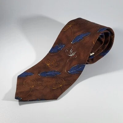 Corbata para hombre Ermenegildo Zegna marrón, estampado de hojas azules rayas texturizadas seda 3,75” W Foto 1 de 4