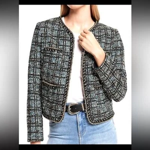 Express jacket medium NWT blazer tweed gold blue plaid metallic coastal office - Picture 1 of 15