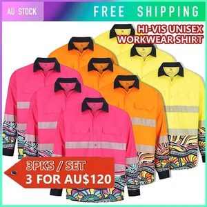 3PC Hi-Vis Work Wear Long Sleeve Shirt Yellow Unisex Design Fashion Two Pockets - Picture 1 of 20