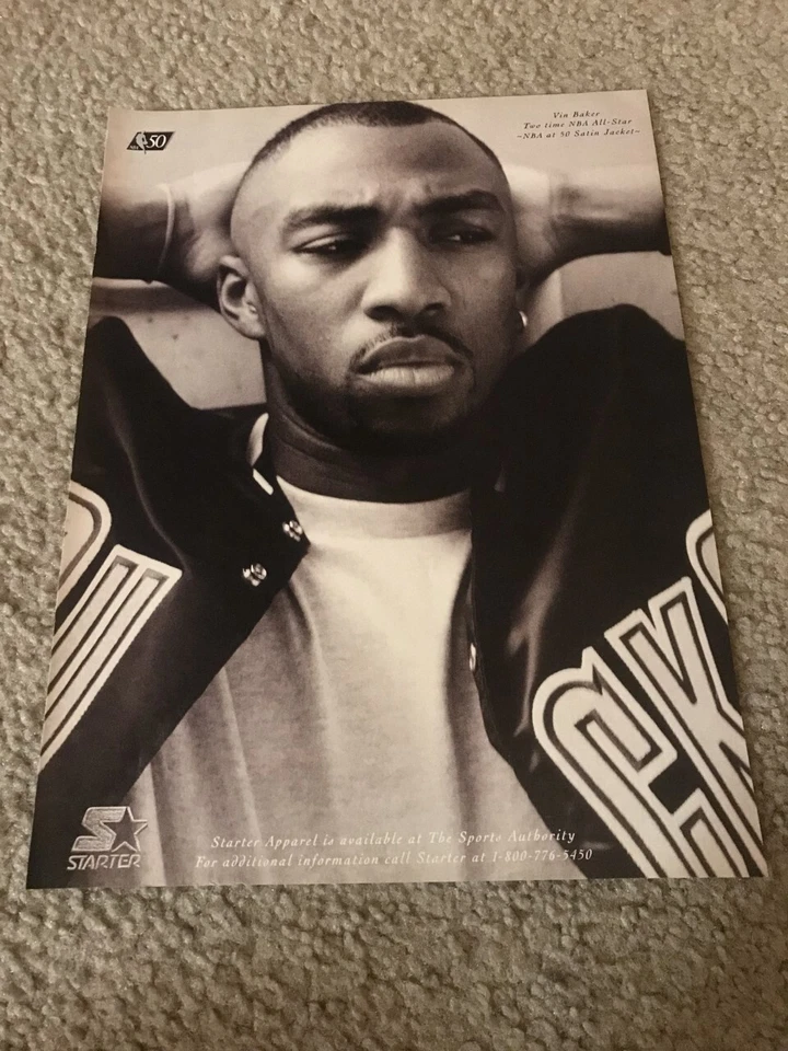 Винтажный VIN BAKER 1990-х стартер плакат печати объявление NBA на 50 стартер атласная куртка - Изображение 1 из 1