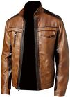 Men's Genuine Lambskin Leather Jacket Brown Motorcycle Biker Jacket -MJK065